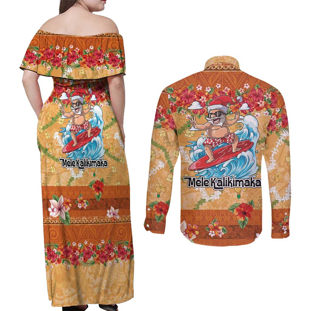 Hawaii Mele Kalikimaka Couples Matching Off Shoulder Maxi Dress and Long Sleeve Button Shirt Funny Santa Claus Surfing on Tropical Plants LT03 - Polynesian Pride