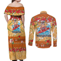 Hawaii Mele Kalikimaka Couples Matching Off Shoulder Maxi Dress and Long Sleeve Button Shirt Funny Santa Claus Surfing on Tropical Plants LT03 - Polynesian Pride