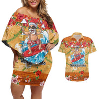 Hawaii Mele Kalikimaka Couples Matching Off Shoulder Short Dress and Hawaiian Shirt Funny Santa Claus Surfing on Tropical Plants LT03 Multicolor - Polynesian Pride