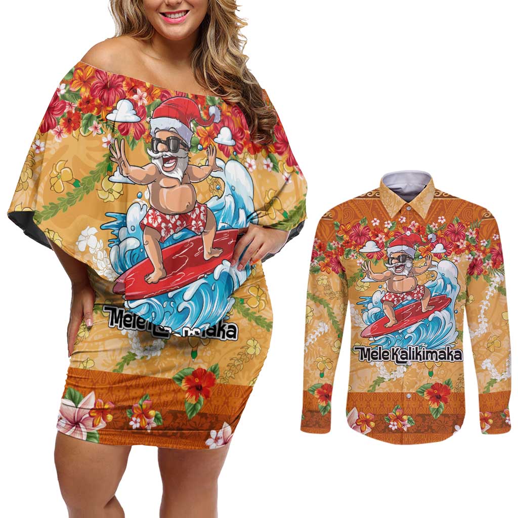 Hawaii Mele Kalikimaka Couples Matching Off Shoulder Short Dress and Long Sleeve Button Shirt Funny Santa Claus Surfing on Tropical Plants LT03 Multicolor - Polynesian Pride