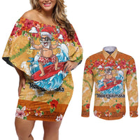 Hawaii Mele Kalikimaka Couples Matching Off Shoulder Short Dress and Long Sleeve Button Shirt Funny Santa Claus Surfing on Tropical Plants LT03 Multicolor - Polynesian Pride