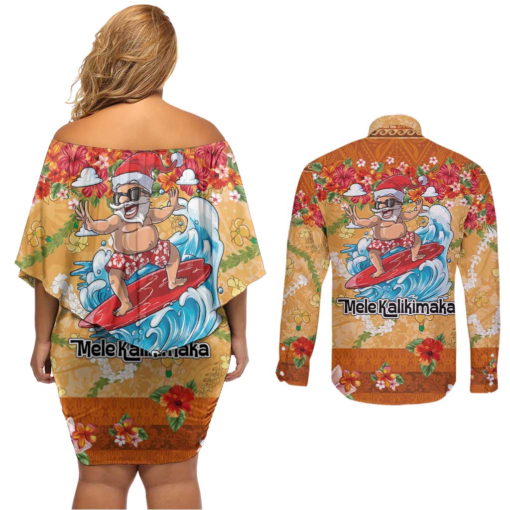 Hawaii Mele Kalikimaka Couples Matching Off Shoulder Short Dress and Long Sleeve Button Shirt Funny Santa Claus Surfing on Tropical Plants LT03 - Polynesian Pride