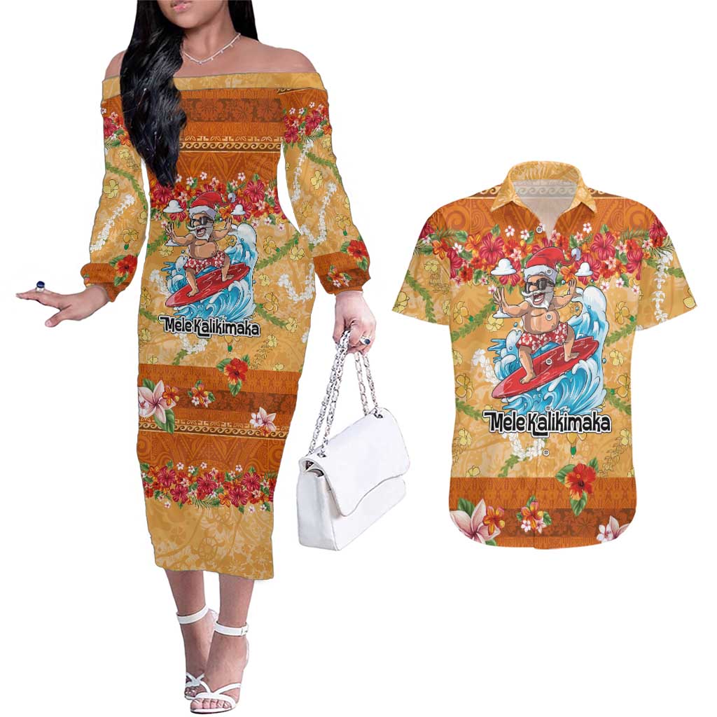 Hawaii Mele Kalikimaka Couples Matching Off The Shoulder Long Sleeve Dress and Hawaiian Shirt Funny Santa Claus Surfing on Tropical Plants LT03 Multicolor - Polynesian Pride