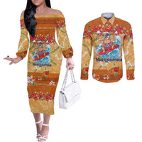 Hawaii Mele Kalikimaka Couples Matching Off The Shoulder Long Sleeve Dress and Long Sleeve Button Shirt Funny Santa Claus Surfing on Tropical Plants LT03 Multicolor - Polynesian Pride
