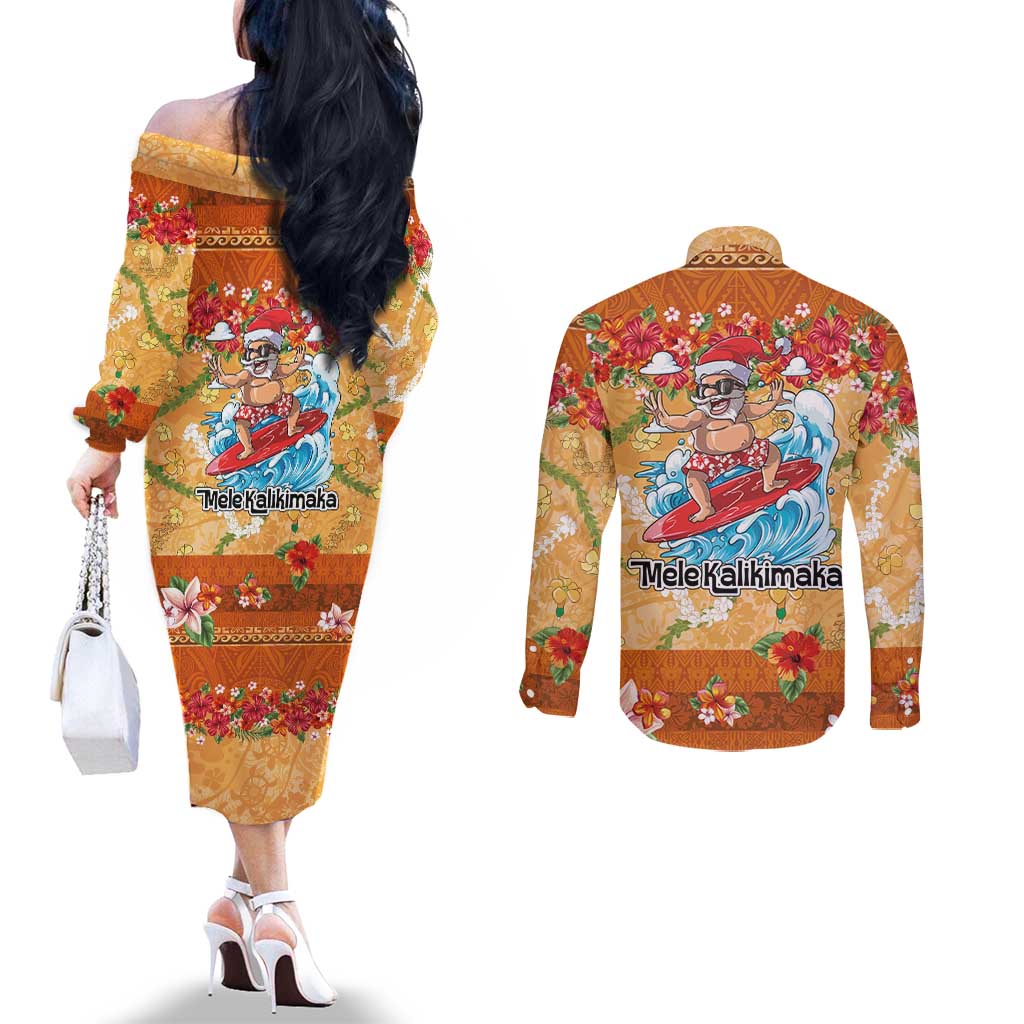Hawaii Mele Kalikimaka Couples Matching Off The Shoulder Long Sleeve Dress and Long Sleeve Button Shirt Funny Santa Claus Surfing on Tropical Plants LT03 - Polynesian Pride