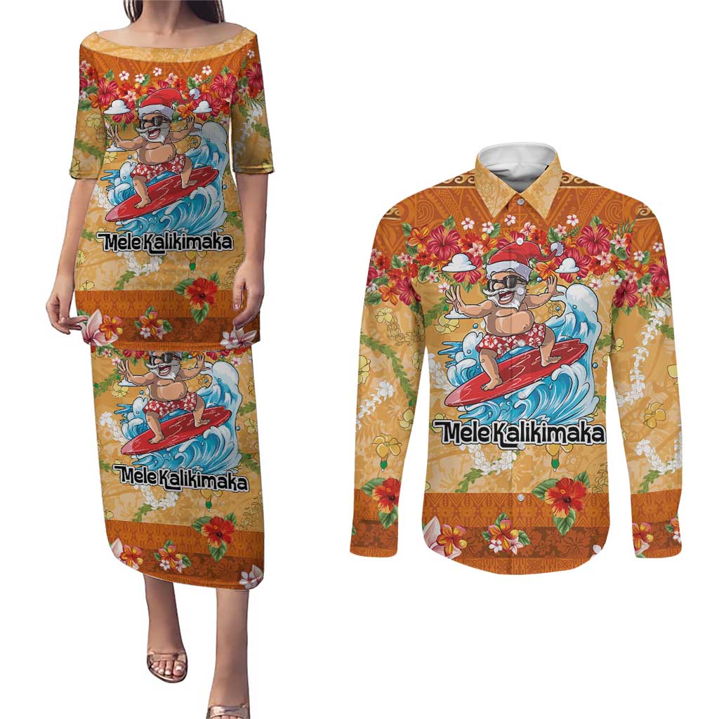 Hawaii Mele Kalikimaka Couples Matching Puletasi and Long Sleeve Button Shirt Funny Santa Claus Surfing on Tropical Plants LT03 Multicolor - Polynesian Pride