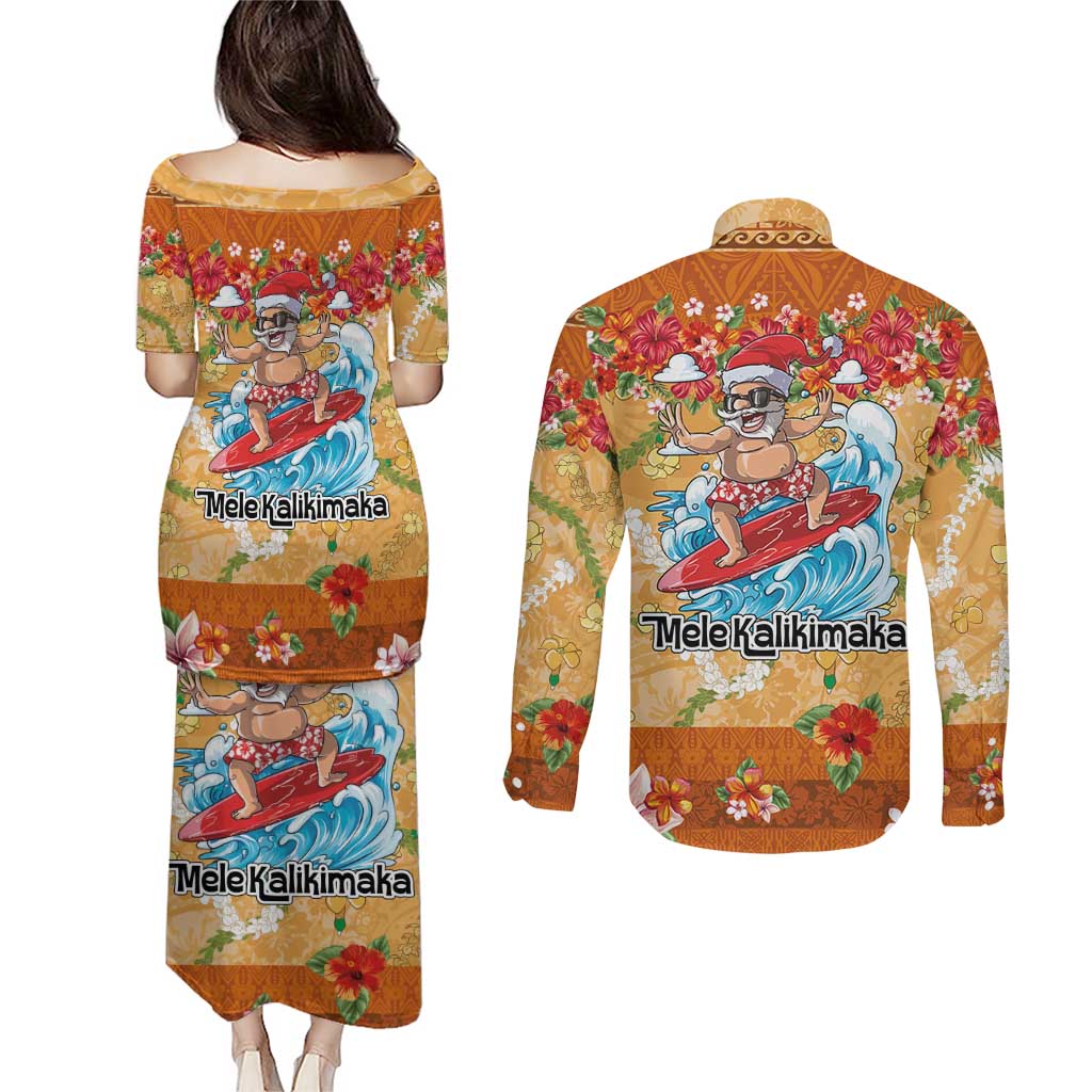 Hawaii Mele Kalikimaka Couples Matching Puletasi and Long Sleeve Button Shirt Funny Santa Claus Surfing on Tropical Plants LT03 - Polynesian Pride
