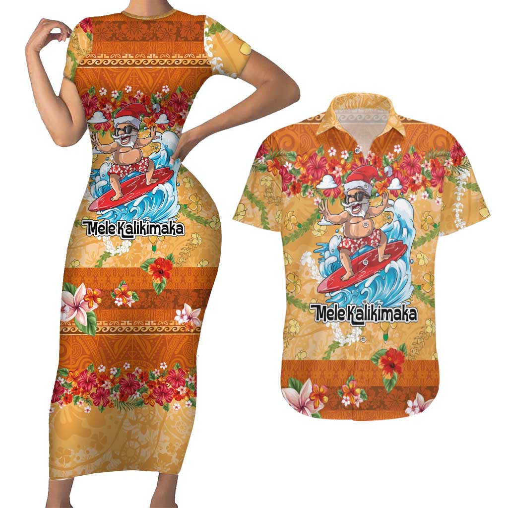 Hawaii Mele Kalikimaka Couples Matching Short Sleeve Bodycon Dress and Hawaiian Shirt Funny Santa Claus Surfing on Tropical Plants LT03 Multicolor - Polynesian Pride