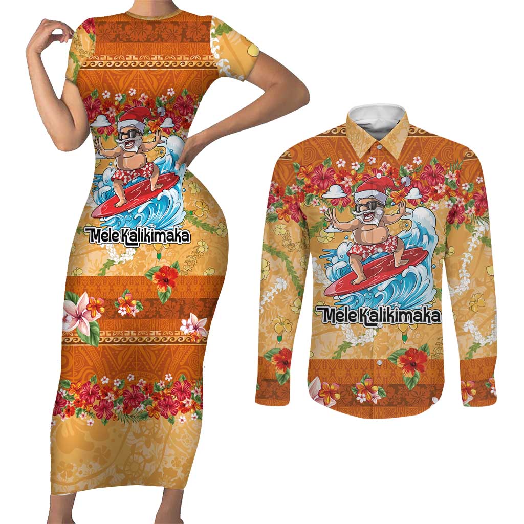 Hawaii Mele Kalikimaka Couples Matching Short Sleeve Bodycon Dress and Long Sleeve Button Shirt Funny Santa Claus Surfing on Tropical Plants LT03 Multicolor - Polynesian Pride