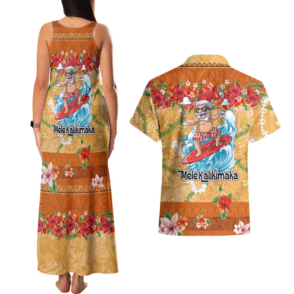 Hawaii Mele Kalikimaka Couples Matching Tank Maxi Dress and Hawaiian Shirt Funny Santa Claus Surfing on Tropical Plants LT03 - Polynesian Pride