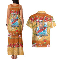 Hawaii Mele Kalikimaka Couples Matching Tank Maxi Dress and Hawaiian Shirt Funny Santa Claus Surfing on Tropical Plants LT03 - Polynesian Pride