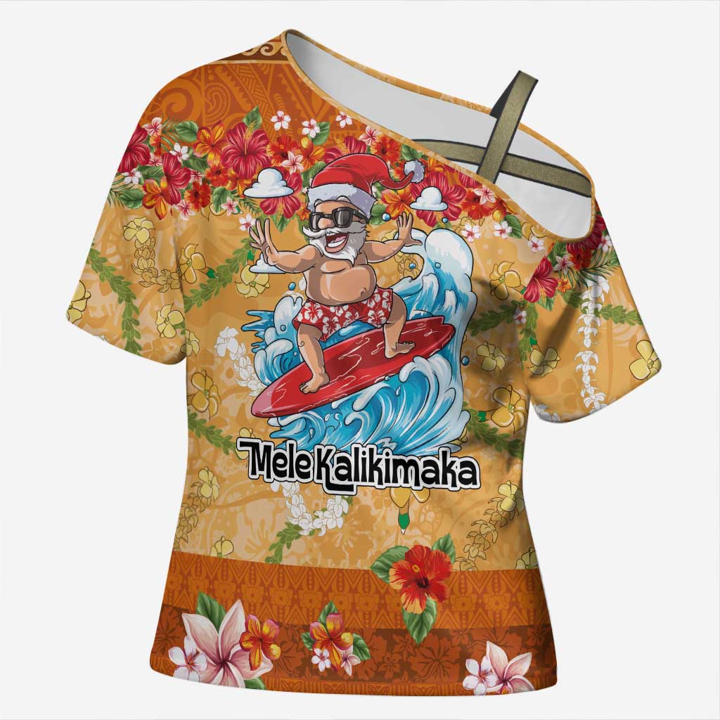 Hawaii Mele Kalikimaka Cross Shoulder Shirt Funny Santa Claus Surfing on Tropical Plants LT03 Female Multicolor - Polynesian Pride