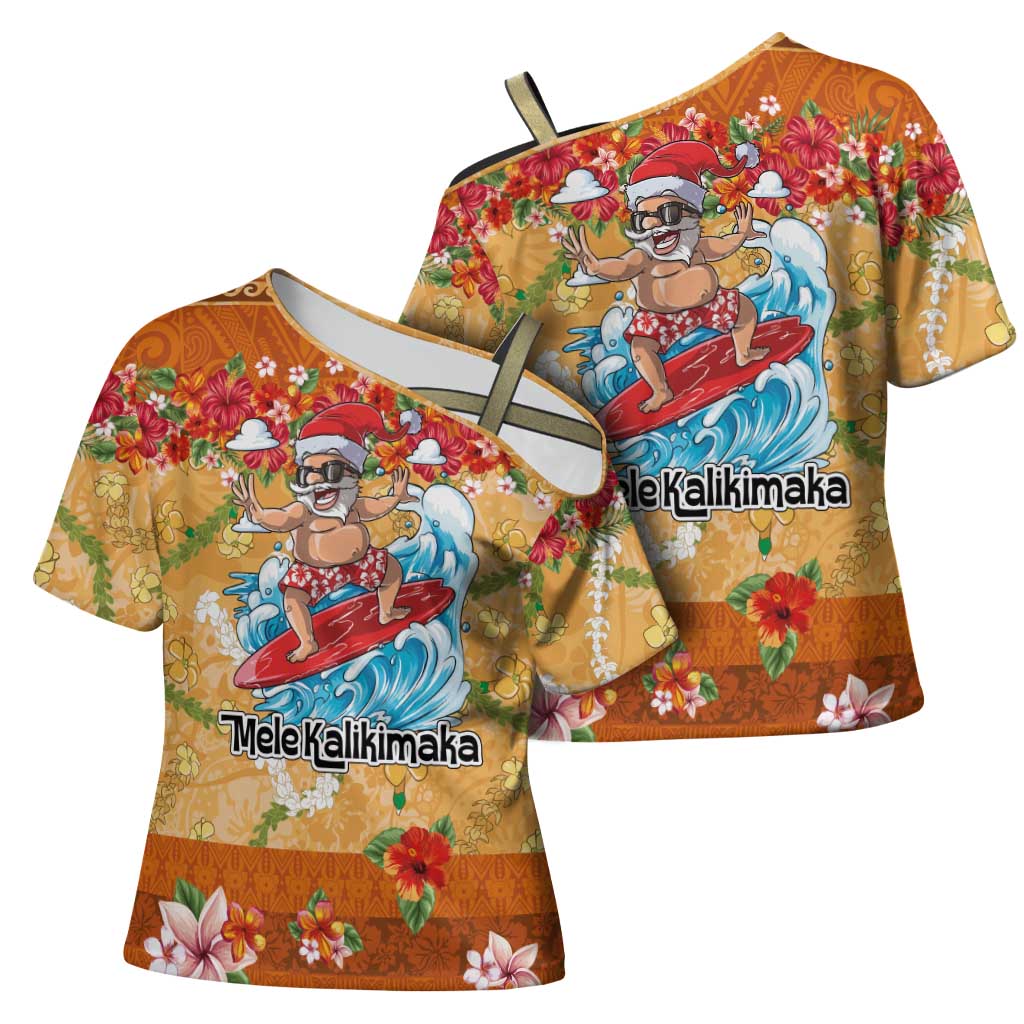 Hawaii Mele Kalikimaka Cross Shoulder Shirt Funny Santa Claus Surfing on Tropical Plants LT03 - Polynesian Pride