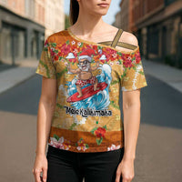 Hawaii Mele Kalikimaka Cross Shoulder Shirt Funny Santa Claus Surfing on Tropical Plants LT03 - Polynesian Pride