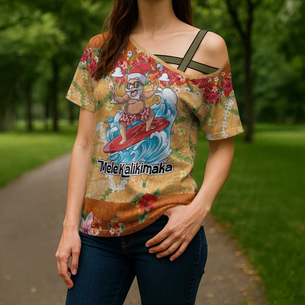 Hawaii Mele Kalikimaka Cross Shoulder Shirt Funny Santa Claus Surfing on Tropical Plants LT03 - Polynesian Pride