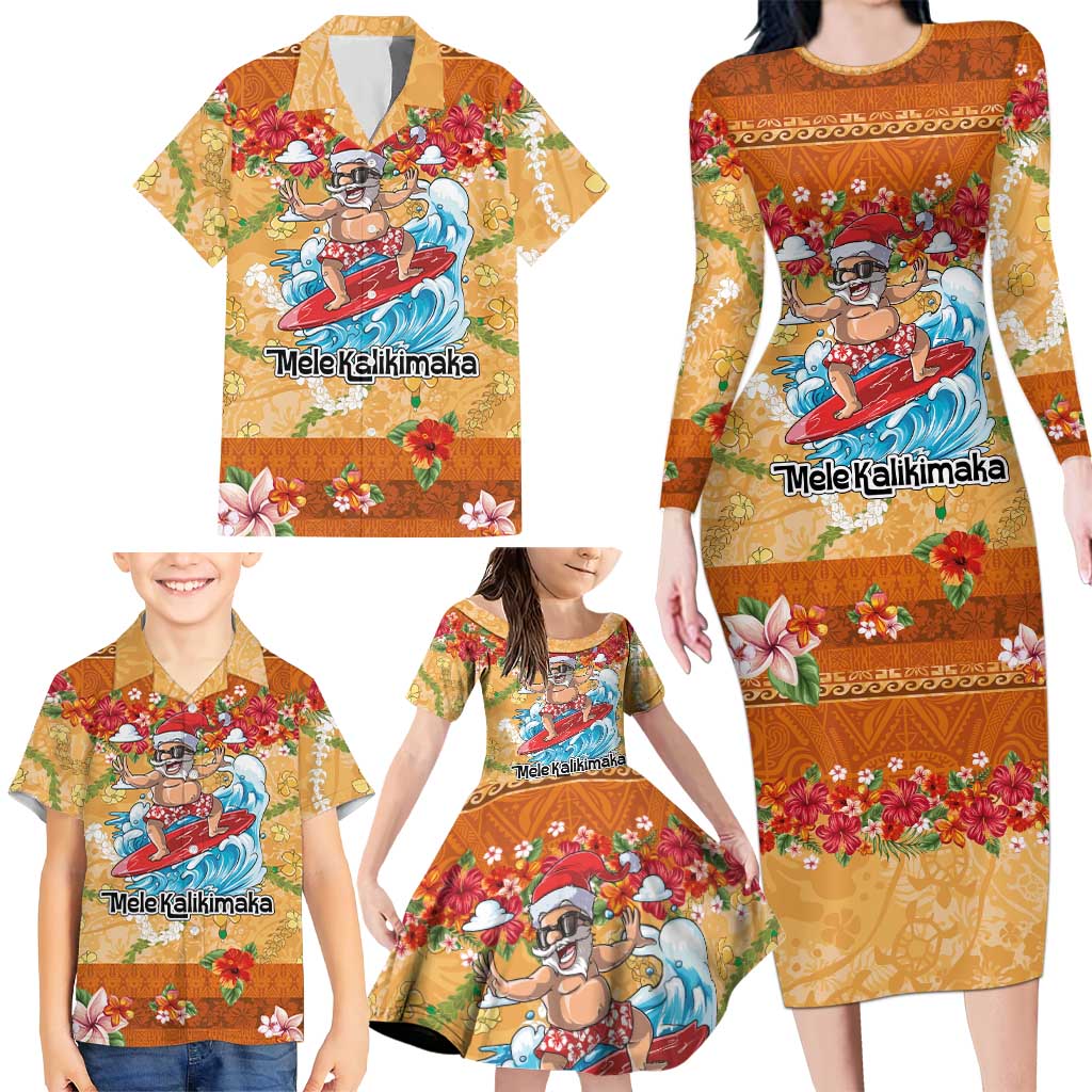 Hawaii Mele Kalikimaka Family Matching Long Sleeve Bodycon Dress and Hawaiian Shirt Funny Santa Claus Surfing on Tropical Plants LT03 - Polynesian Pride