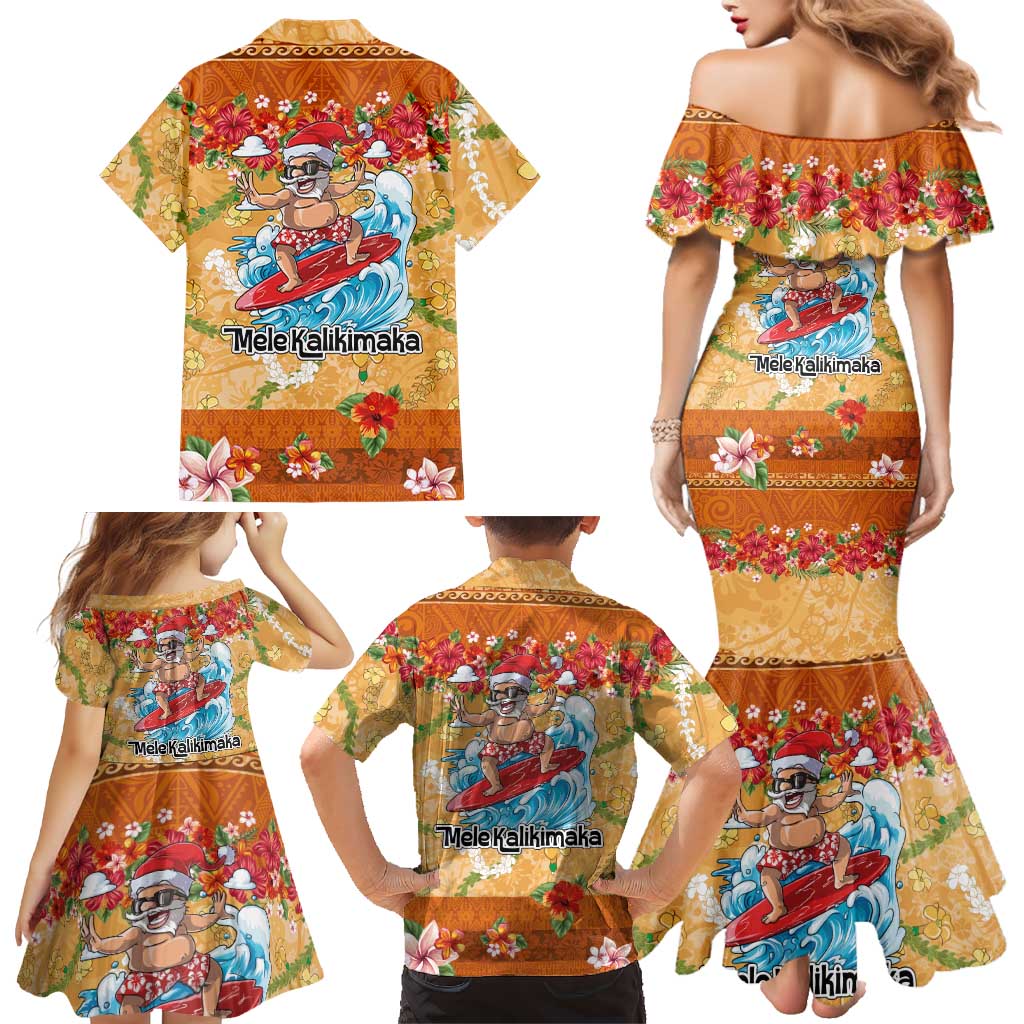 Hawaii Mele Kalikimaka Family Matching Mermaid Dress and Hawaiian Shirt Funny Santa Claus Surfing on Tropical Plants LT03 - Polynesian Pride