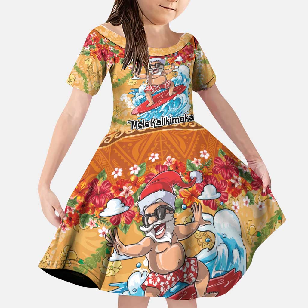 Hawaii Mele Kalikimaka Family Matching Off The Shoulder Long Sleeve Dress and Hawaiian Shirt Funny Santa Claus Surfing on Tropical Plants LT03 Daughter's Dress Multicolor - Polynesian Pride