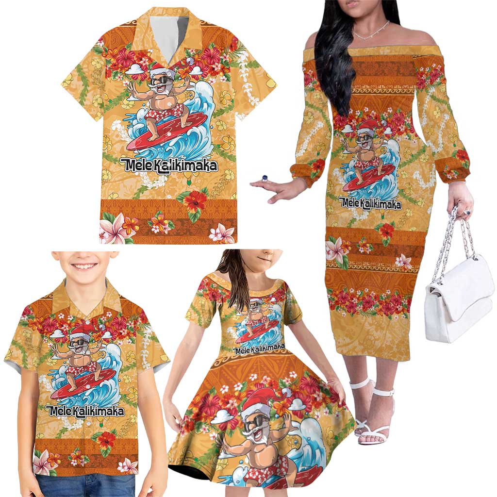 Hawaii Mele Kalikimaka Family Matching Off The Shoulder Long Sleeve Dress and Hawaiian Shirt Funny Santa Claus Surfing on Tropical Plants LT03 - Polynesian Pride