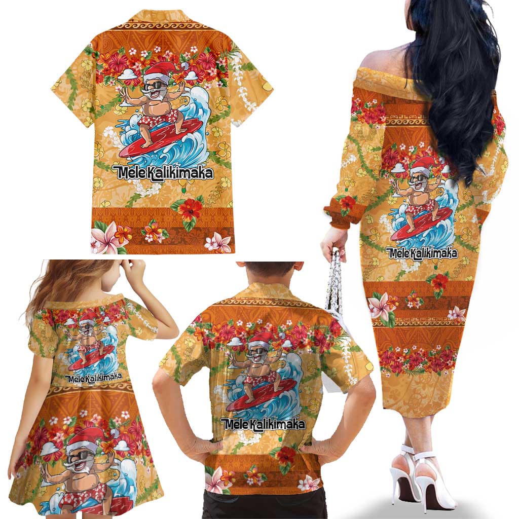 Hawaii Mele Kalikimaka Family Matching Off The Shoulder Long Sleeve Dress and Hawaiian Shirt Funny Santa Claus Surfing on Tropical Plants LT03 - Polynesian Pride