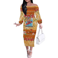 Hawaii Mele Kalikimaka Family Matching Off The Shoulder Long Sleeve Dress and Hawaiian Shirt Funny Santa Claus Surfing on Tropical Plants LT03 Mom's Dress Multicolor - Polynesian Pride