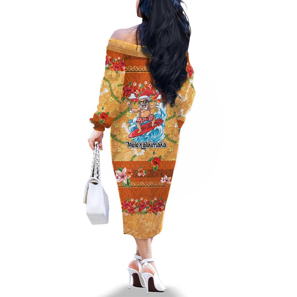 Hawaii Mele Kalikimaka Family Matching Off The Shoulder Long Sleeve Dress and Hawaiian Shirt Funny Santa Claus Surfing on Tropical Plants LT03 - Polynesian Pride