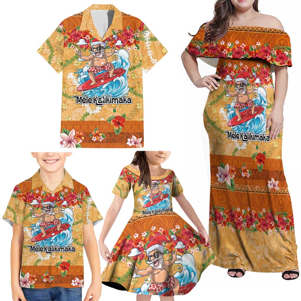 Hawaii Mele Kalikimaka Family Matching Off Shoulder Maxi Dress and Hawaiian Shirt Funny Santa Claus Surfing on Tropical Plants LT03 - Polynesian Pride
