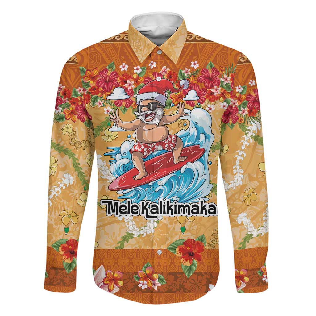 Hawaii Mele Kalikimaka Family Matching Puletasi and Hawaiian Shirt Funny Santa Claus Surfing on Tropical Plants LT03 Dad's Shirt - Long Sleeve Multicolor - Polynesian Pride