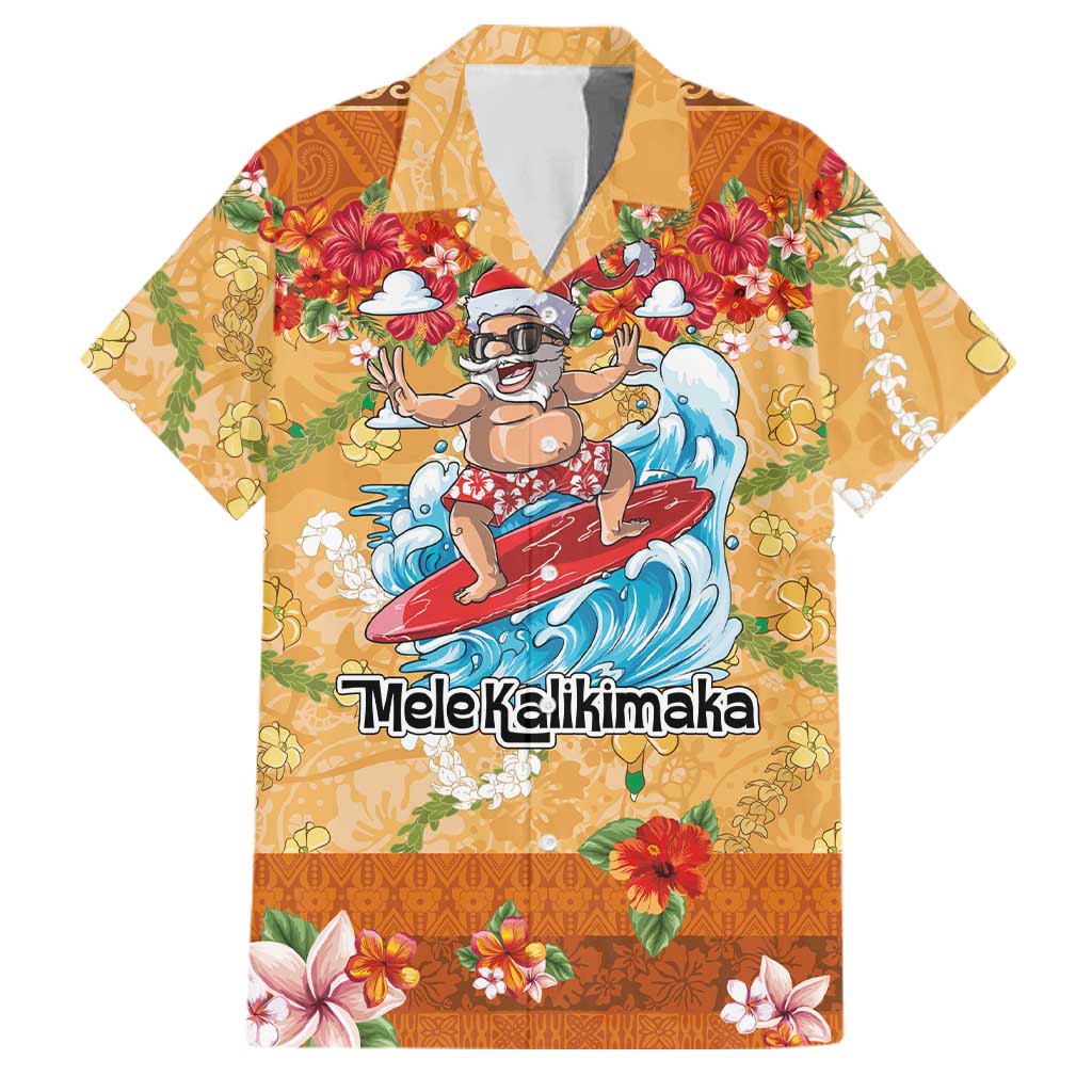 Hawaii Mele Kalikimaka Family Matching Short Sleeve Bodycon Dress and Hawaiian Shirt Funny Santa Claus Surfing on Tropical Plants LT03 Dad's Shirt - Short Sleeve Multicolor - Polynesian Pride
