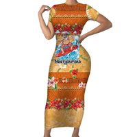 Hawaii Mele Kalikimaka Family Matching Short Sleeve Bodycon Dress and Hawaiian Shirt Funny Santa Claus Surfing on Tropical Plants LT03 Mom's Dress Multicolor - Polynesian Pride