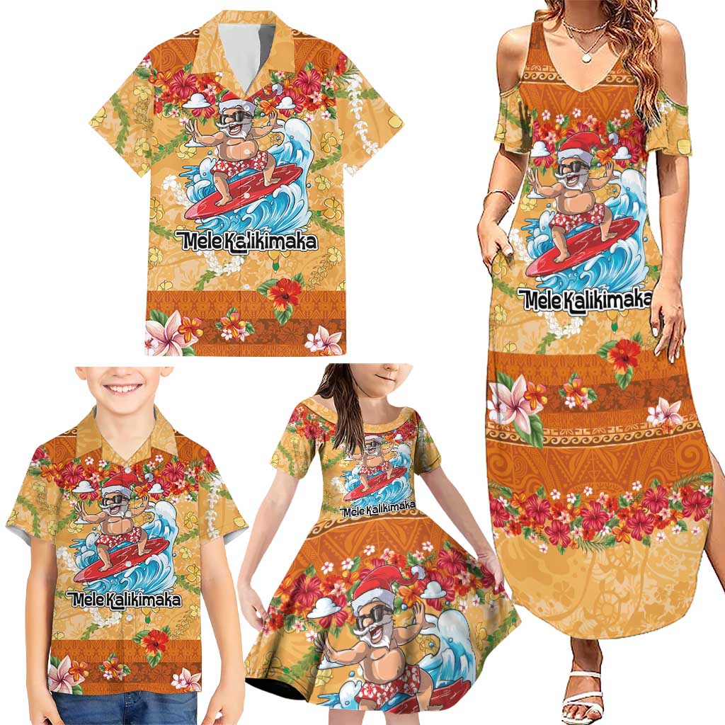Hawaii Mele Kalikimaka Family Matching Summer Maxi Dress and Hawaiian Shirt Funny Santa Claus Surfing on Tropical Plants - Polynesian Pride