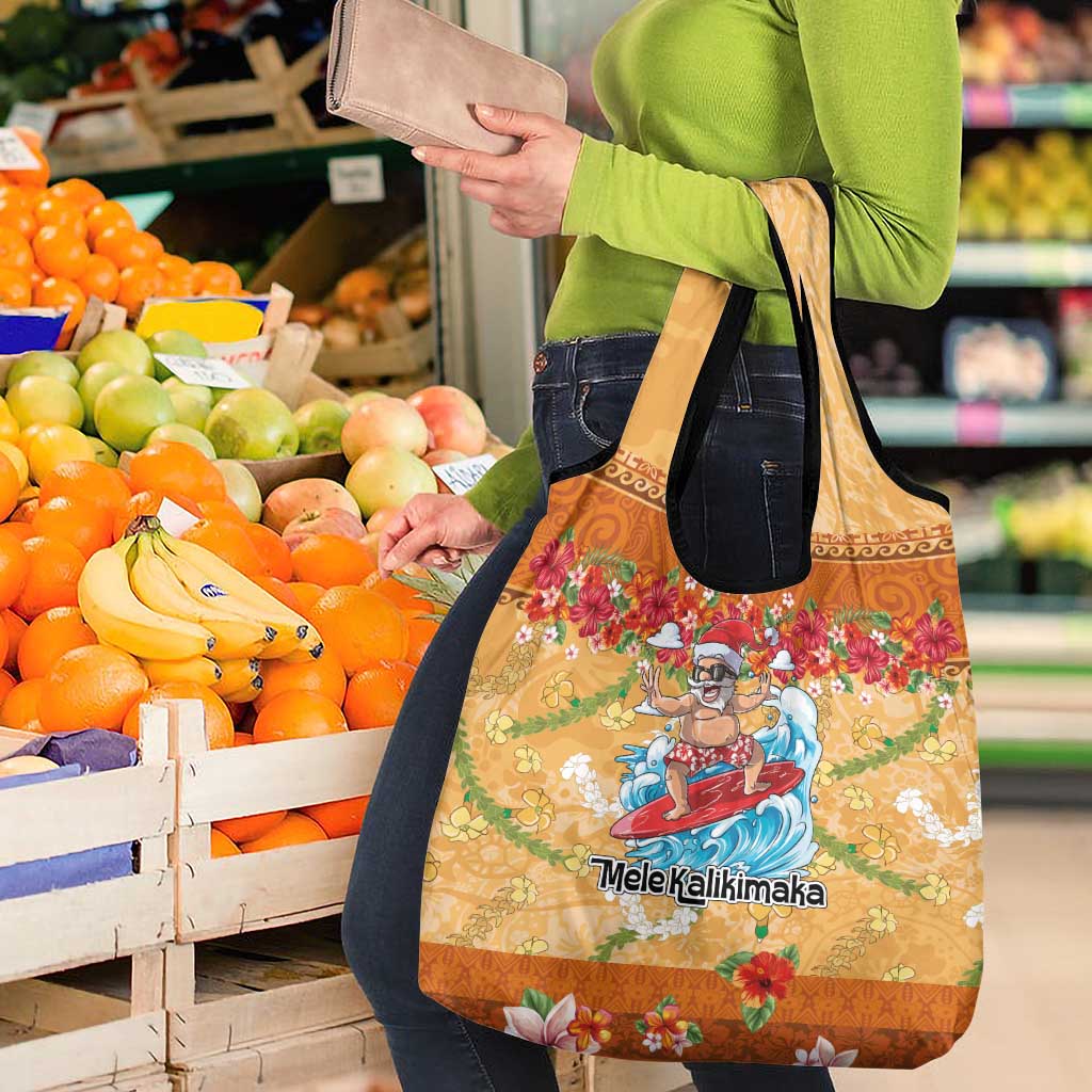 Hawaii Mele Kalikimaka Grocery Bag Funny Santa Claus Surfing on Tropical Plants - Polynesian Pride