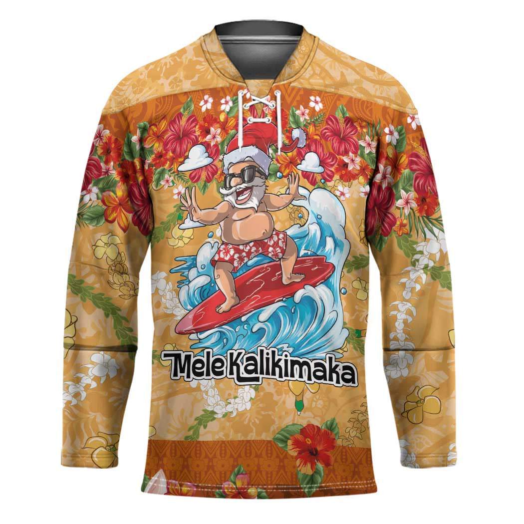 Hawaii Mele Kalikimaka Hockey Jersey Funny Santa Claus Surfing on Tropical Plants - Polynesian Pride