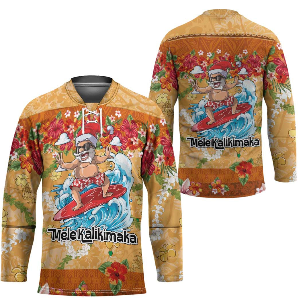 Hawaii Mele Kalikimaka Hockey Jersey Funny Santa Claus Surfing on Tropical Plants LT03 - Polynesian Pride