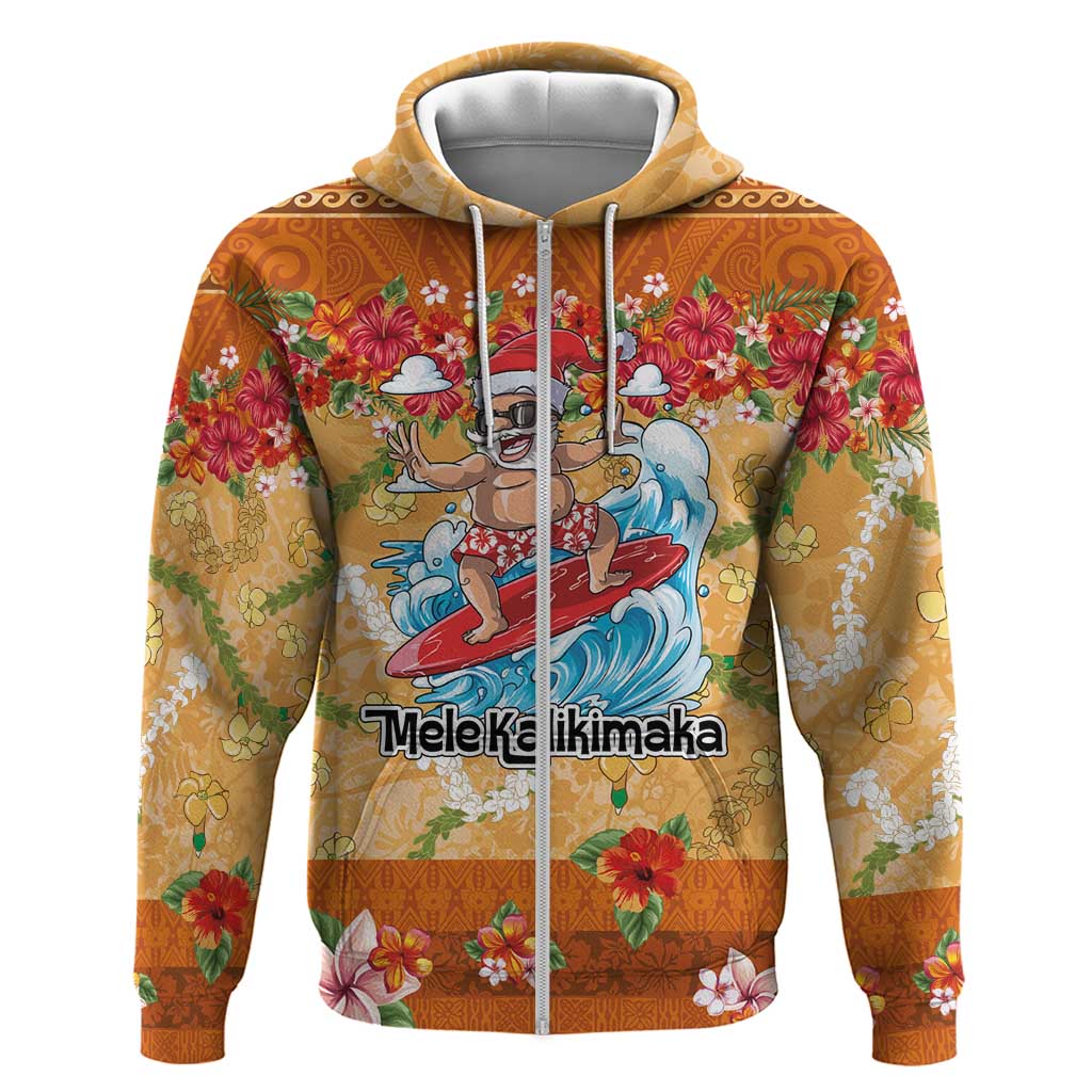 Hawaii Mele Kalikimaka Hoodie Funny Santa Claus Surfing on Tropical Plants LT03 Zip Hoodie Multicolor - Polynesian Pride
