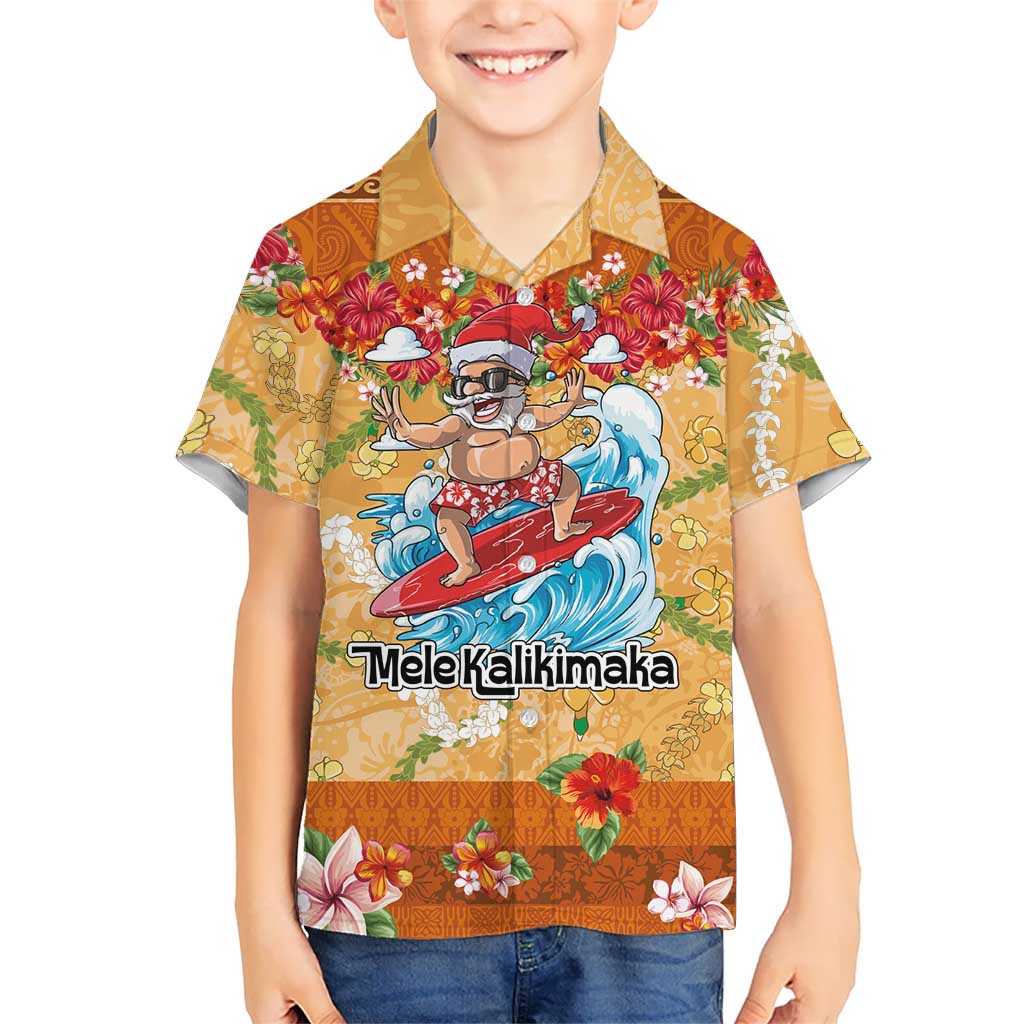 Hawaii Mele Kalikimaka Kid Hawaiian Shirt Funny Santa Claus Surfing on Tropical Plants LT03 Kid Multicolor - Polynesian Pride