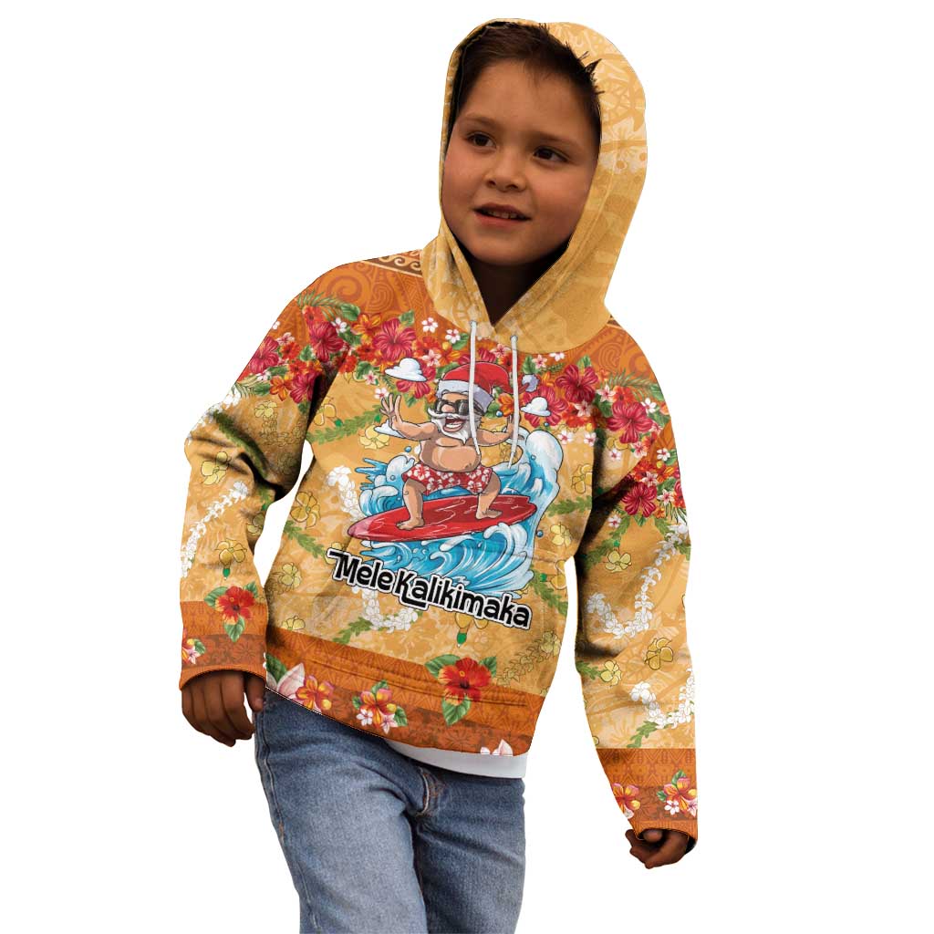 Hawaii Mele Kalikimaka Kid Hoodie Funny Santa Claus Surfing on Tropical Plants - Polynesian Pride