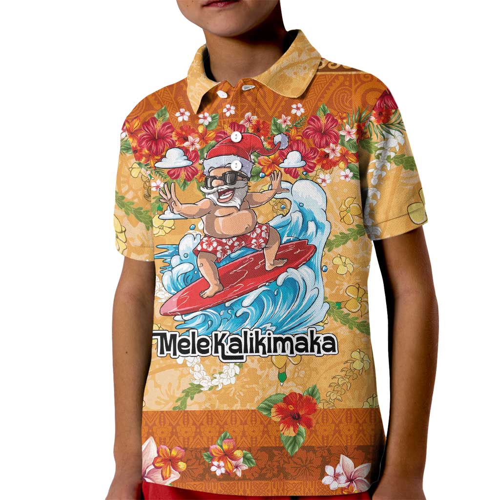 Hawaii Mele Kalikimaka Kid Polo Shirt Funny Santa Claus Surfing on Tropical Plants LT03 Kid Multicolor - Polynesian Pride