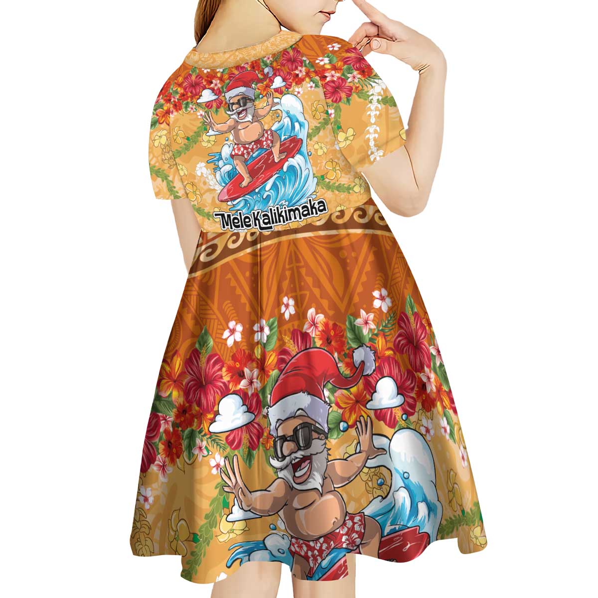 Hawaii Mele Kalikimaka Kid Short Sleeve Dress Funny Santa Claus Surfing on Tropical Plants LT03 - Polynesian Pride