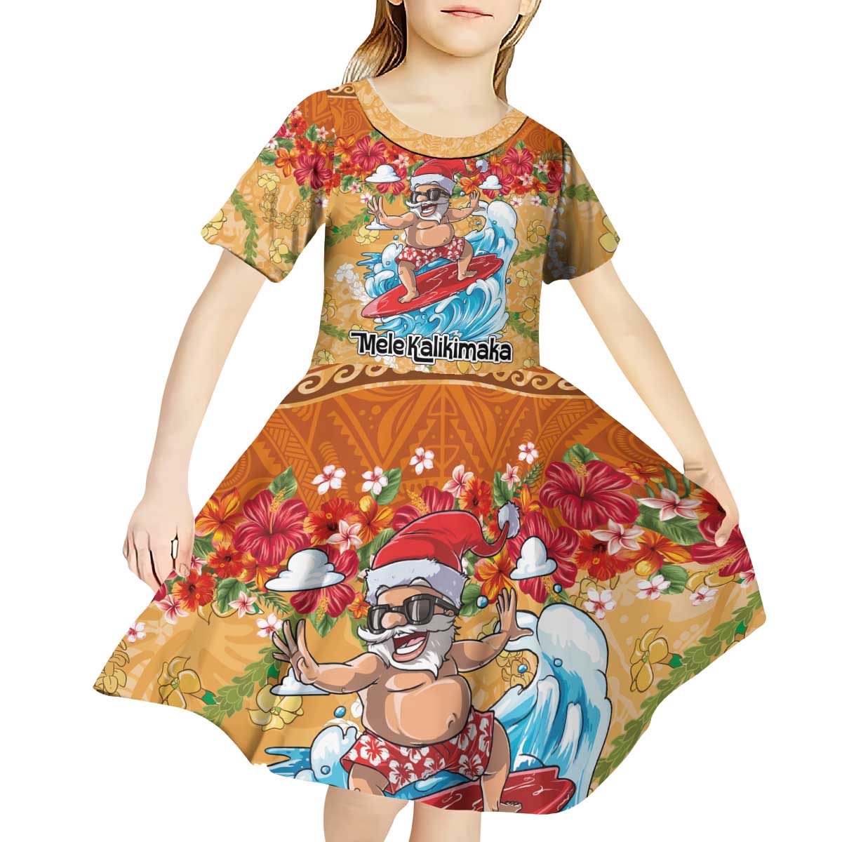 Hawaii Mele Kalikimaka Kid Short Sleeve Dress Funny Santa Claus Surfing on Tropical Plants LT03 - Polynesian Pride