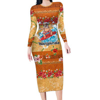 Hawaii Mele Kalikimaka Long Sleeve Bodycon Dress Funny Santa Claus Surfing on Tropical Plants LT03 Long Dress Multicolor - Polynesian Pride