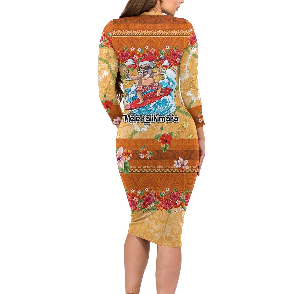 Hawaii Mele Kalikimaka Long Sleeve Bodycon Dress Funny Santa Claus Surfing on Tropical Plants LT03 - Polynesian Pride