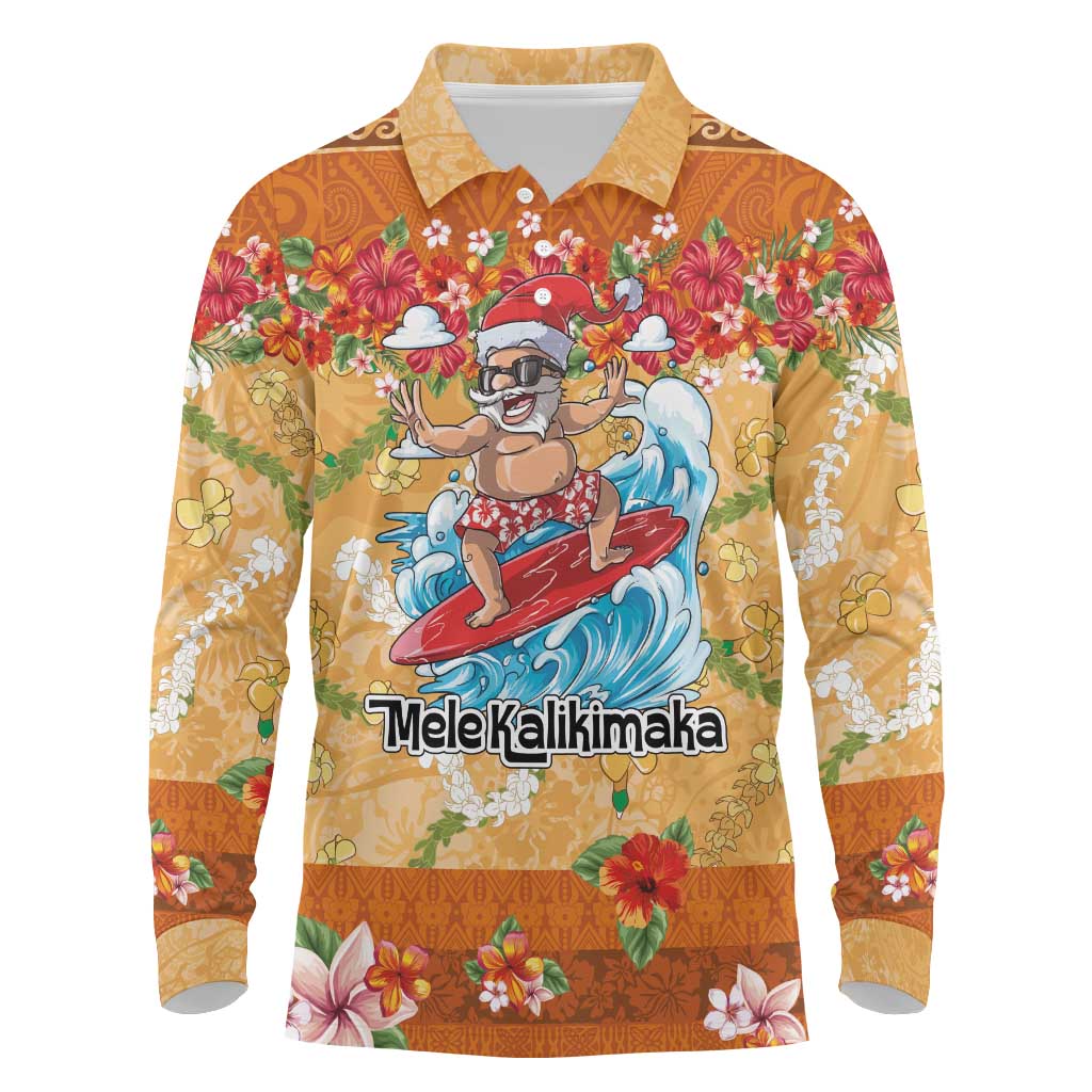 Hawaii Mele Kalikimaka Long Sleeve Polo Shirt Funny Santa Claus Surfing on Tropical Plants LT03 Multicolor - Polynesian Pride
