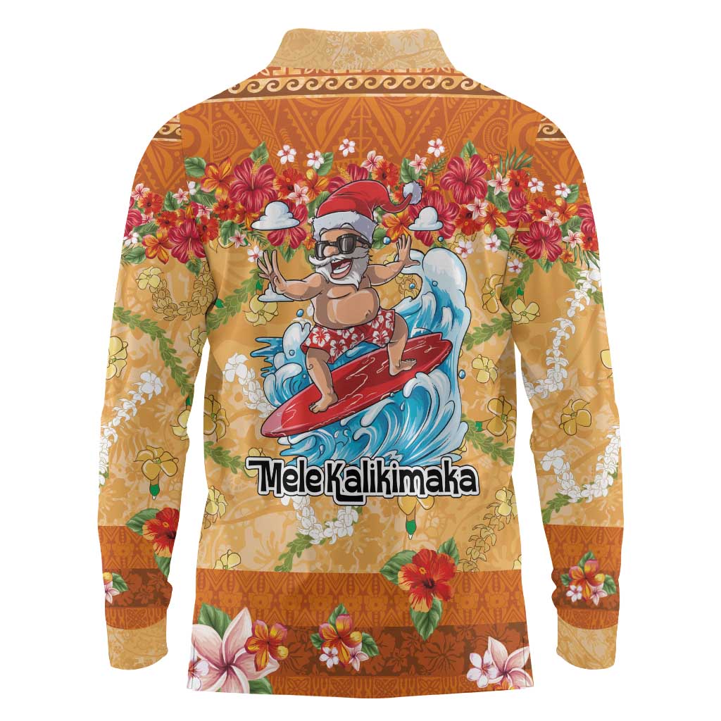 Hawaii Mele Kalikimaka Long Sleeve Polo Shirt Funny Santa Claus Surfing on Tropical Plants LT03 - Polynesian Pride