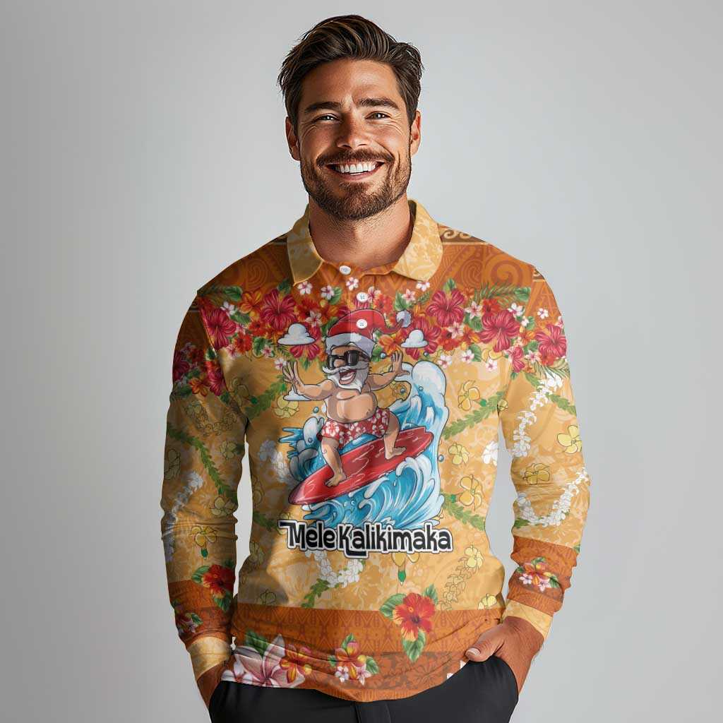 Hawaii Mele Kalikimaka Long Sleeve Polo Shirt Funny Santa Claus Surfing on Tropical Plants LT03 - Polynesian Pride