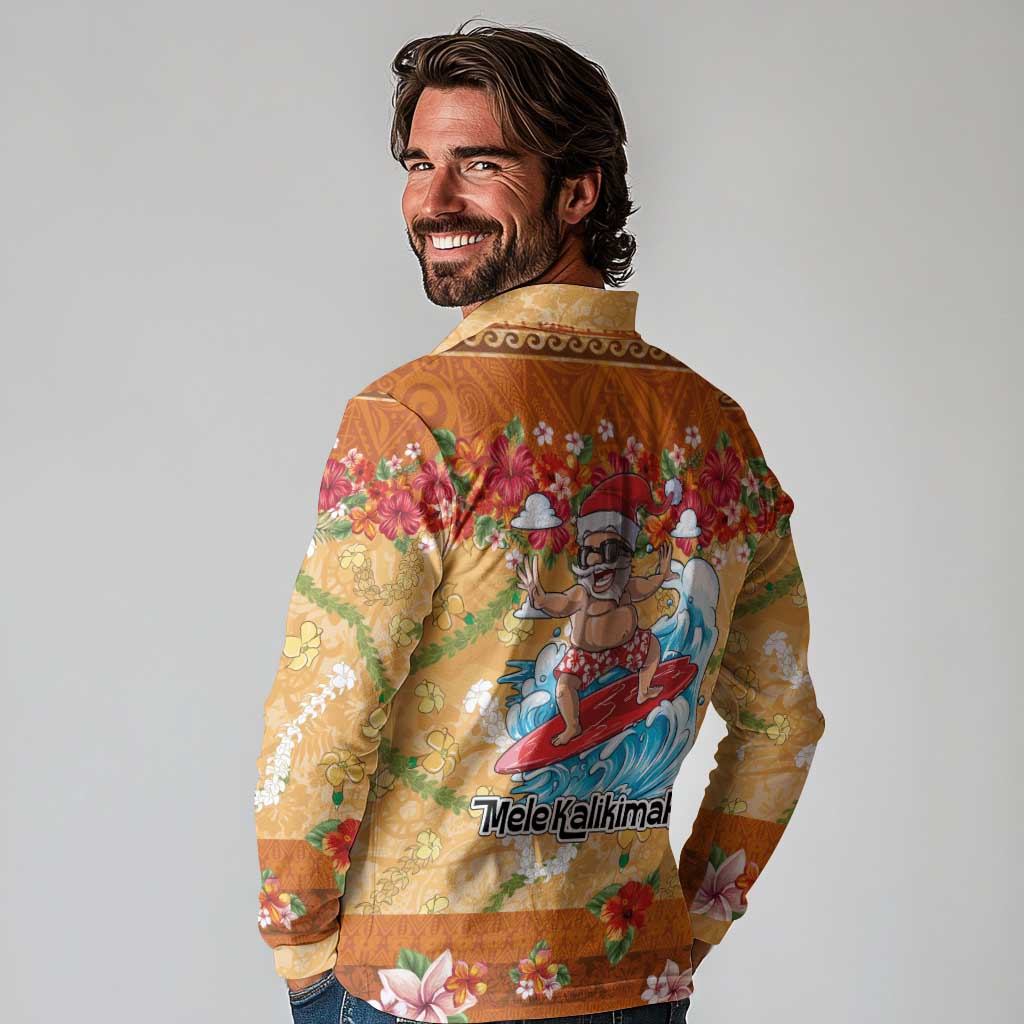 Hawaii Mele Kalikimaka Long Sleeve Polo Shirt Funny Santa Claus Surfing on Tropical Plants LT03 - Polynesian Pride