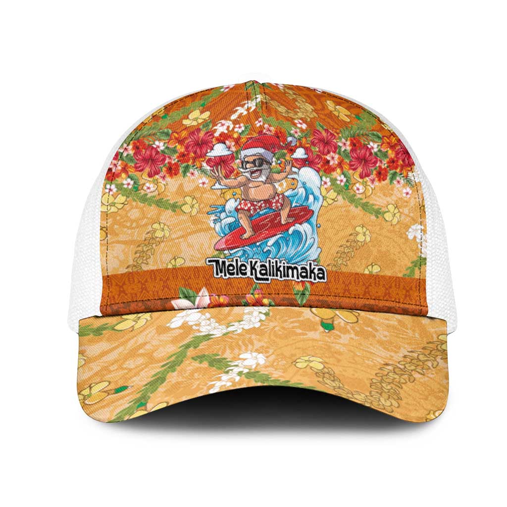 Hawaii Mele Kalikimaka Mesh Trucker Cap Funny Santa Claus Surfing on Tropical Plants - Polynesian Pride