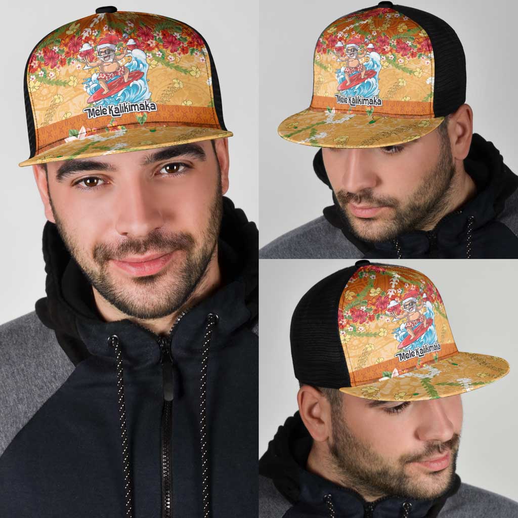 Hawaii Mele Kalikimaka Mesh Trucker Cap Funny Santa Claus Surfing on Tropical Plants - Polynesian Pride