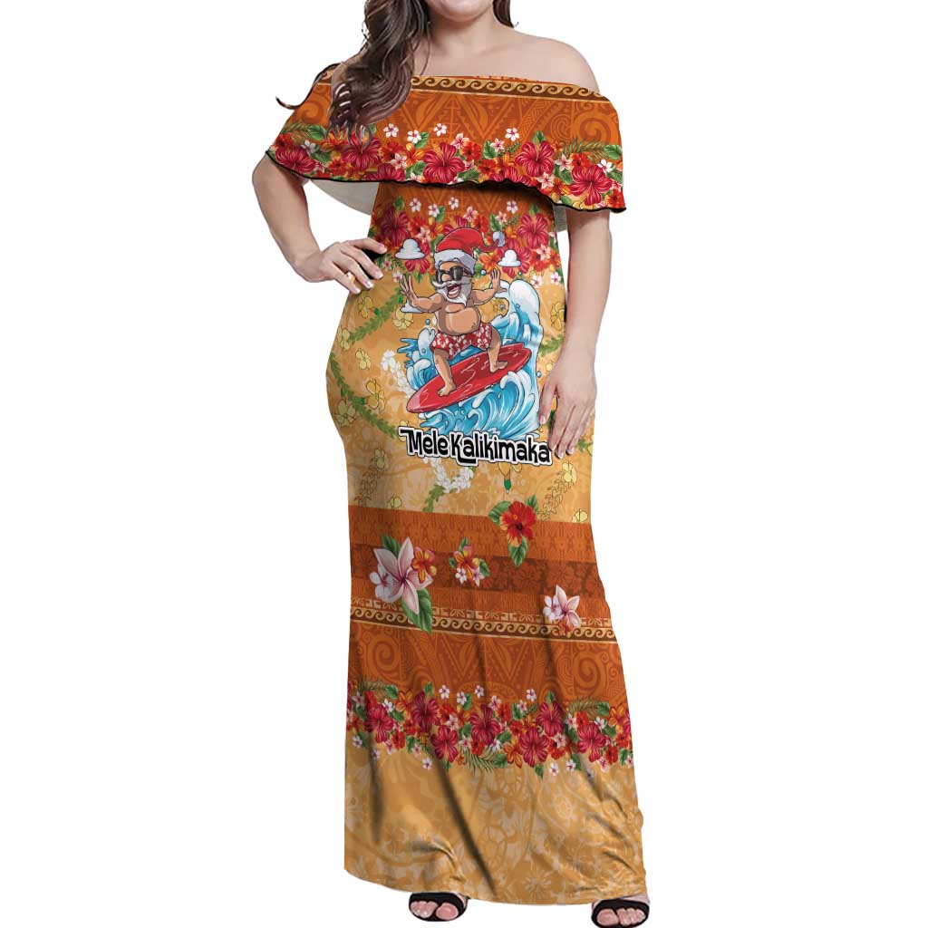 Hawaii Mele Kalikimaka Off Shoulder Maxi Dress Funny Santa Claus Surfing on Tropical Plants LT03 Women Multicolor - Polynesian Pride
