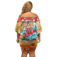 Hawaii Mele Kalikimaka Off Shoulder Short Dress Funny Santa Claus Surfing on Tropical Plants LT03 - Polynesian Pride